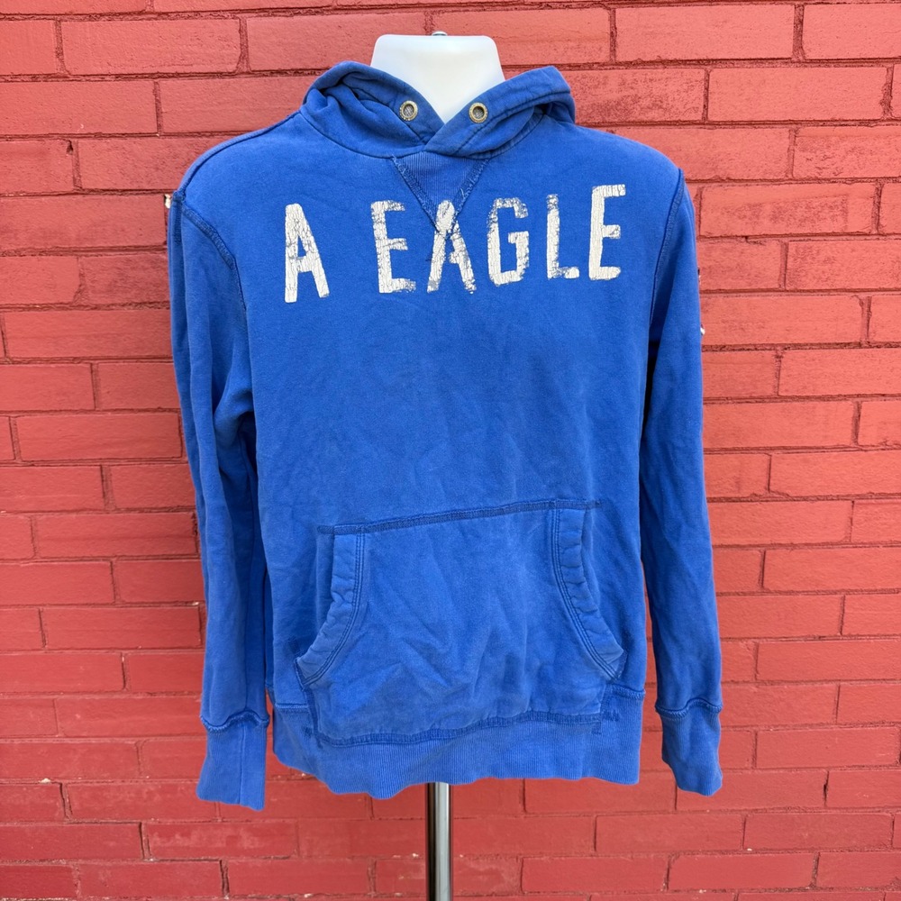 Vtg Y2K American Eagle Mens Blue Graphic Hoodie Size M Thick Pullover Preppy